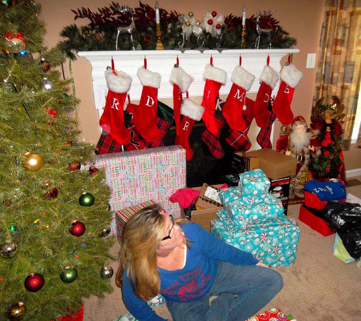 Christmas z Day 2012 - 2 Robin in front of Stockings at Robins House