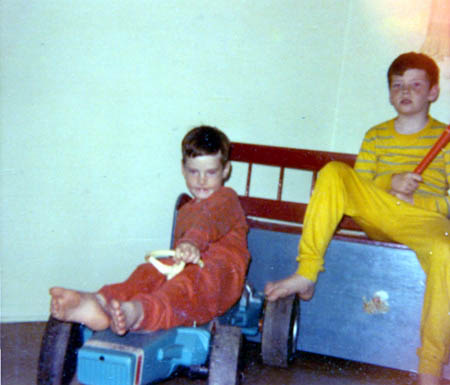 Jack & Jim on toy car and chest Alban Park bedroom 1969