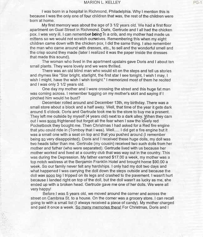 A - PG-1 of Marion Meyer Kelley's Life story