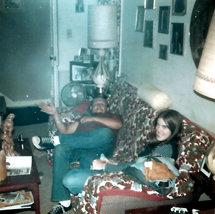 CONNIE AND NICK PANCO IN DAVE KELLEY LIVING ROOM AT VILONE VILLAGE EARLY 1970s