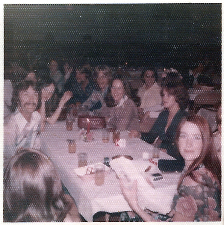 Maureen Kelley and friends at wedding table early 1970s