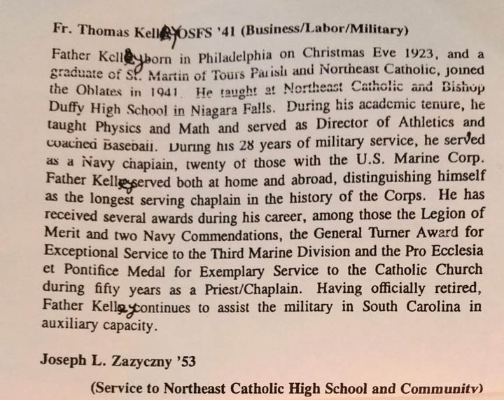 FATHER TOM KELLEY NE CATHOLIC HIGH REUNION  BIO