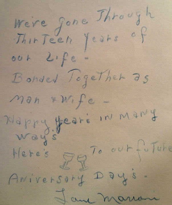MARION KELLEY WEDDING ANNIVERSARY NOTE TO HER HUSBAND DAVE 1